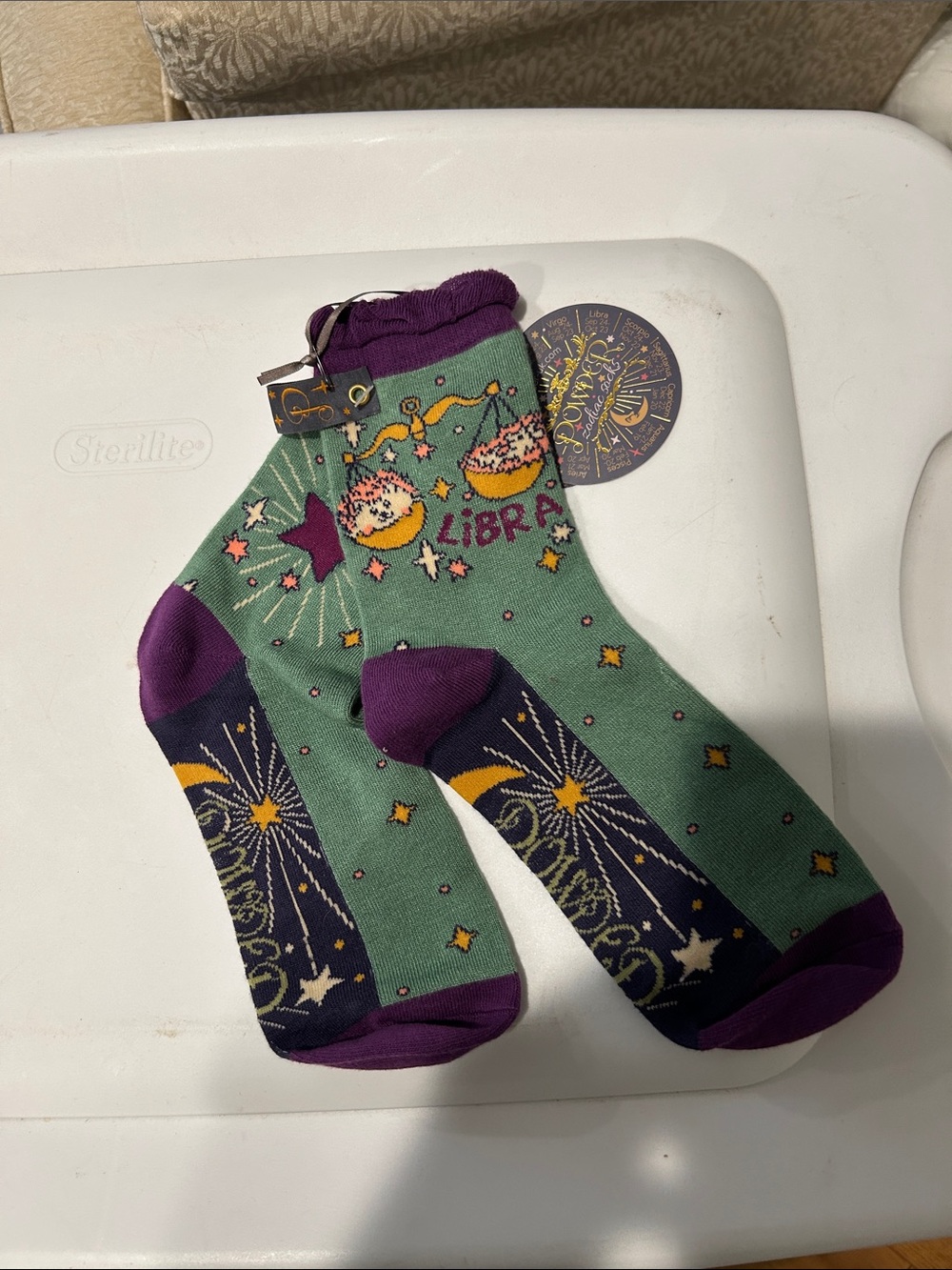 Libra Women’s Crew Socks - Green & Purple Zodiac Design